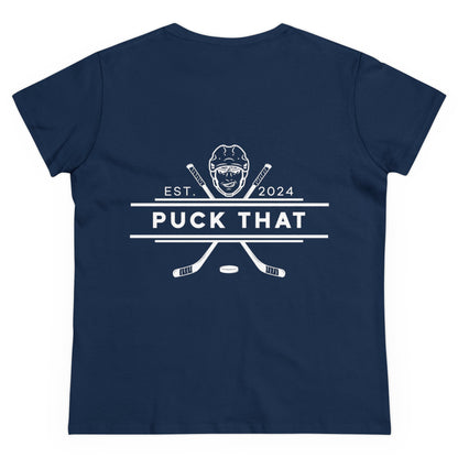 PUCK THAT Front and Back Women's Midweight Cotton Tee - White Logo