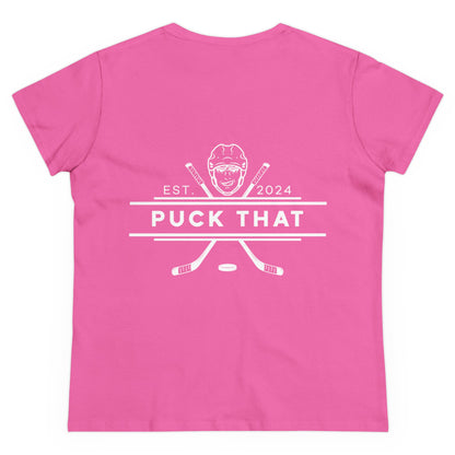 PUCK THAT Front and Back Women's Midweight Cotton Tee - White Logo