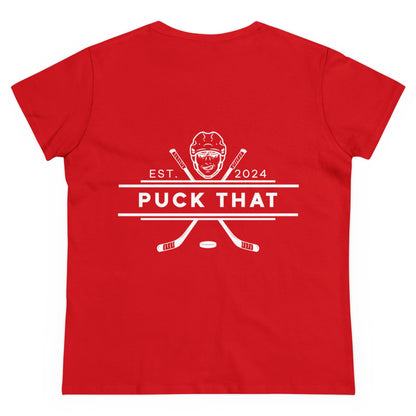 PUCK THAT Front and Back Women's Midweight Cotton Tee - White Logo